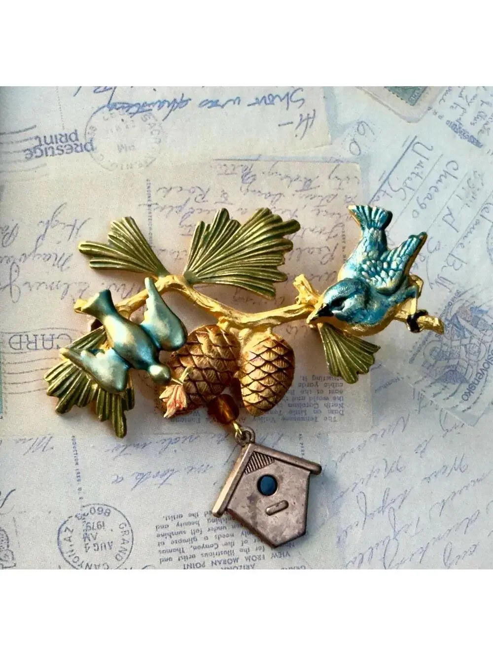 Vintage Enamel Bird Brooch with Pinecones & Dangling Charm Gold Tone